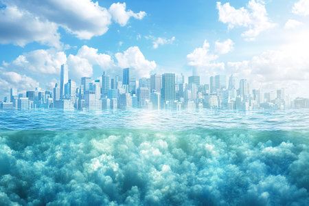Skyscrapers rise over the sea with an underwater cloudscape in a surreal environment.の素材