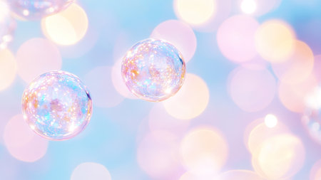 Glittering glass ornaments with bokeh lights in pastel colors.の素材
