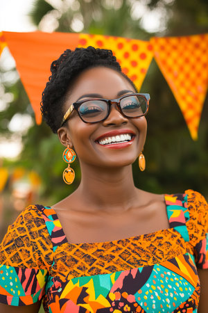 Smiling African American female in colorful attire at outdoor celebration event.の素材