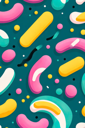 Colorful abstract geometric pattern with vibrant shapes on teal background.の素材