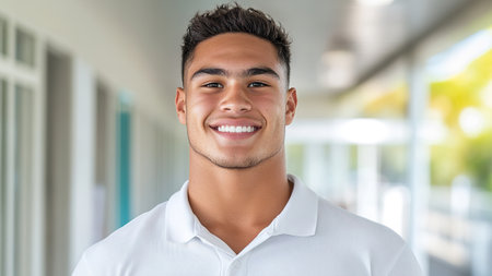 Smiling young Maori male in white shirt at bright corridor.の素材