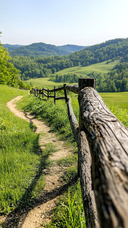 Serene mountain path with rustic fence amid lush greenery and rolling hills.の素材