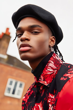 Stylish young african male in red floral shirt and black beret outdoors.の素材