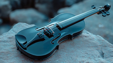 Black violin with red accents on rock surface outdoors.の素材