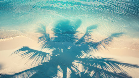 Tropical palm shadows on pristine beach by turquoise water.の素材