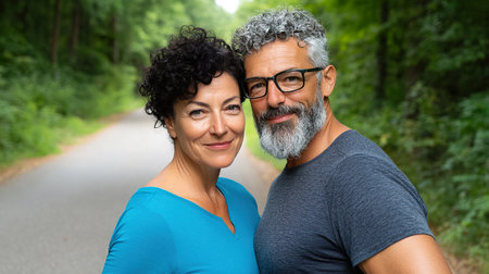Close up of smiling mature couple wearing athletic apparel in the forest.の素材