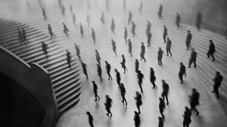 Blurred crowd, Figures Walking in abstract hall or square and Staircase in Black and White.の素材
