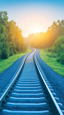 Winding Railroad Tracks through Green Forest at Sunset Perspective View.の素材