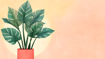 Potted Plant with Large Leaves on Light Peach Backdrop for Interior Decoration.の素材