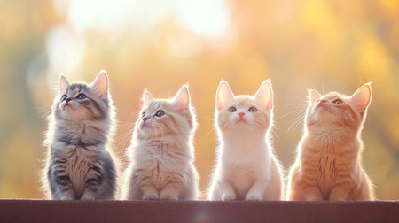 Four Fluffy Kittens Sitting Side-by-Side Looking Upward Outdoors.の素材