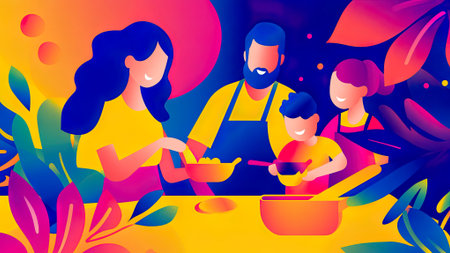 Family cooking together in a bright and vibrant kitchen.の素材