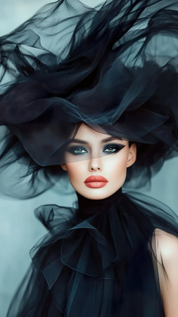Woman Wearing a Dramatic Black Tulle Hat and Collar with Bold Makeup.の素材