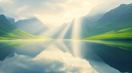 Serene Mountain Lake Reflecting Sunlight and Green Hillsides Landscape.の素材