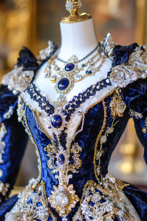 Elaborate royal blue gown adorned with gems and gold embroidery on a mannequin.の素材
