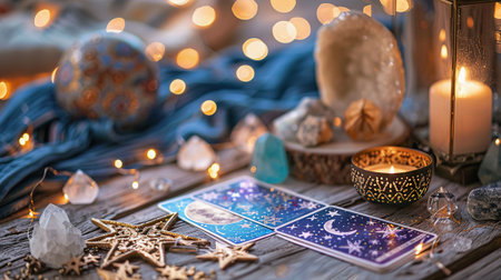 Moon, Crystals, and Tarot Cards on Wooden Table with lights in Background.の素材