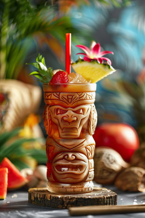 Tropical Tiki Drink with Citrus and Mint on a Rustic Wood Base.の素材