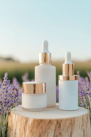 White Skincare Product Set on Wood Against Lavender Flowers Background.の素材