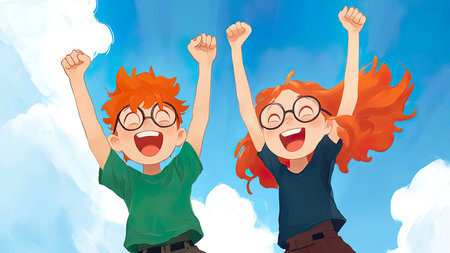 Two red haired children in a cheerful illustration celebrating with jumping against sky backgroundの素材
