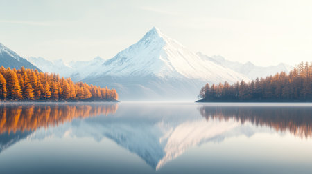 Tranquil Mountain Lake with Forest Reflections and Snow Capped Peaks.の素材