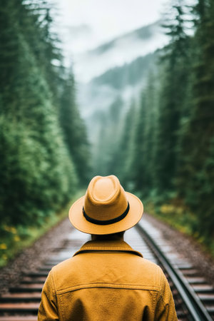 Traveler stands along railway tracks within dense forest, seeking adventure.の素材