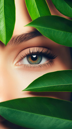 Closeup of a Hazel Green Eye Surrounded by Lush Green Foliage Leaves.の素材