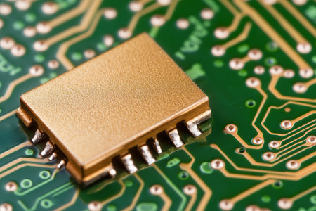 Detail of integrated circuit on a green circuit board, macro technology.の素材