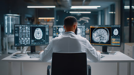 Medical Doctor Reviewing Brain Scans on Multiple Computer Monitors in Hospital.の素材