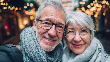 Senior Couple Together in Wintertime with Festive Bokeh Lights.の素材