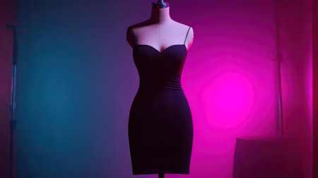 Elegant Black Dress on Mannequin with Colorful Pink and Blue Lighting.の素材