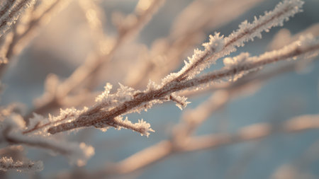 Close Up of Frost Covered Branches in Winter Sunrise Light.の素材