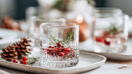 Festive Glass with Berries and Pinecone on Elegant Christmas Holiday Table Setting.の素材