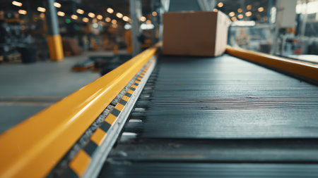 Cardboard Box on Conveyor Belt in Busy Industrial Warehouse Setting.の素材