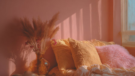 Cozy Bedroom with Warm Sunlight and Soft Textures in a Tranquil Setting.の素材