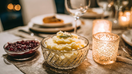 Thanksgiving table set with mashed potatoes and cranberry sauce.の素材