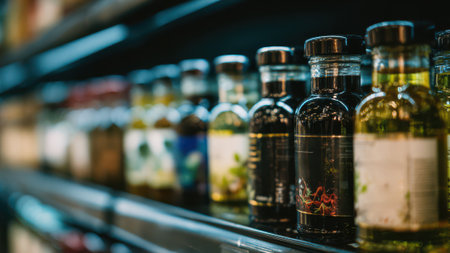 Colorful salad dressing bottles on grocery shelf create an inviting display.の素材