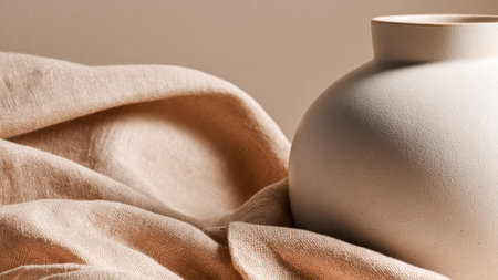 Minimalist Ceramic Vase with Beige Fabric Drape in Neutral Tones.の素材