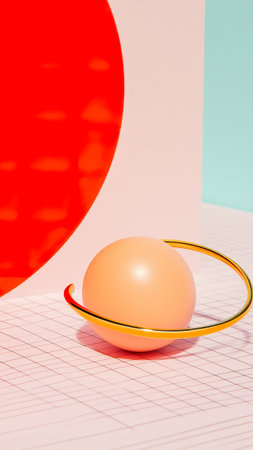 Sphere encircled by metal band on squared surface with red and light blue shapes.の素材