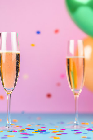 Sparkling Champagne in Flutes Against a Festive Background with Confetti and Balloons.の素材