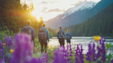 Group of people backpacking through field near lake and mountains.の素材