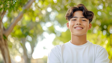 Hispanic teen smiling outdoors in nature with sunlit trees.の素材