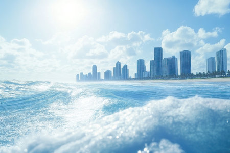 Ocean Waves Rolling Toward a Cityscape on a Sunny Coastline.の素材