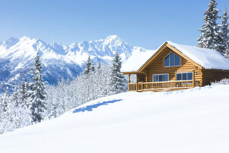 Cozy log cabin in snowy mountain landscape with pine trees and clear sky.の素材