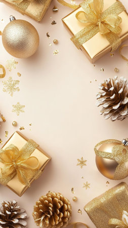 Golden christmas frame with glittery ornaments and pinecones.の素材