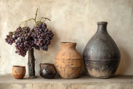 Rustic clay pots and grapes still life against textured wall.の素材