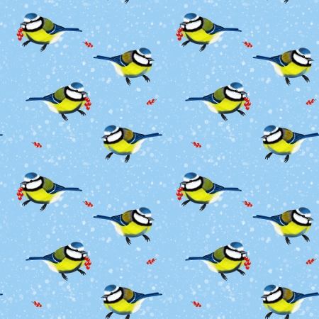 Seamless background black-capped chickadees tit and red berries の写真素材