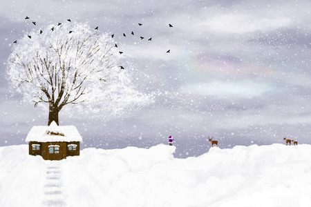Winter illustration with a girl and deer, a lonely house and a tree.の写真素材