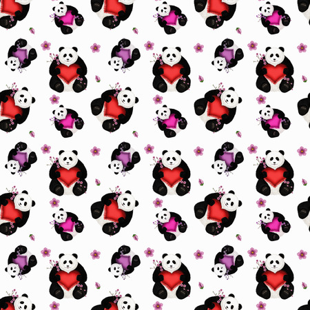 Seamless panda with pillow shaped heart  White background の写真素材