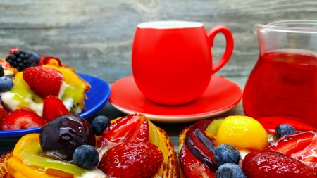Fruit desserts and cup of coffeeの素材
