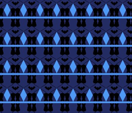 Dark blue seamless pattern with mouses ans bats. Bright blue rhombuses on a dark blue background.