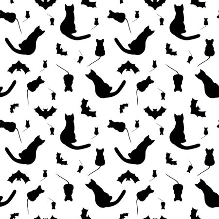 Seamless pattern with black cats, mouses and bats on a white background.の写真素材